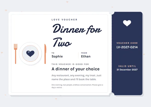 Navy Heart Love Voucher template, A4 landscape, in navy