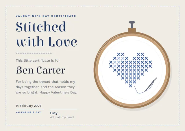 Navy Bordered Valentine's Day Certificate template, A4 landscape, in navy