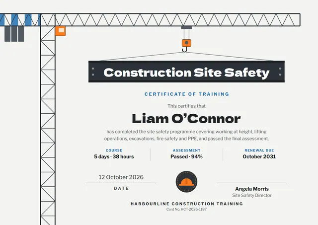 Ocean Blue Badge Construction Site Safety Certificate template, A4 landscape, in ocean blue