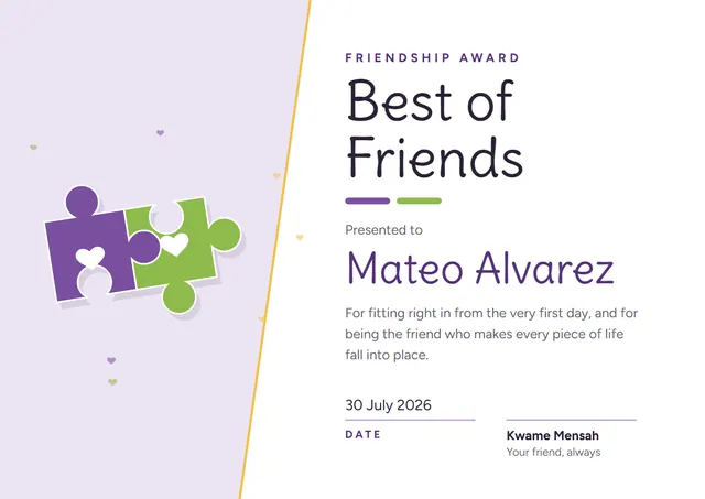 Plum Heart Friendship Award template, A4 landscape, in plum