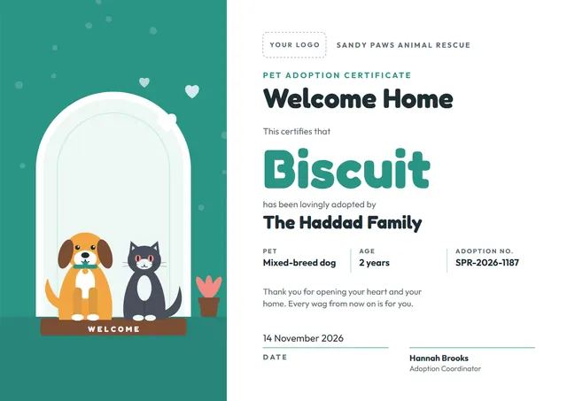 Jade Leafy Pet Adoption Certificate template, A4 landscape, in jade