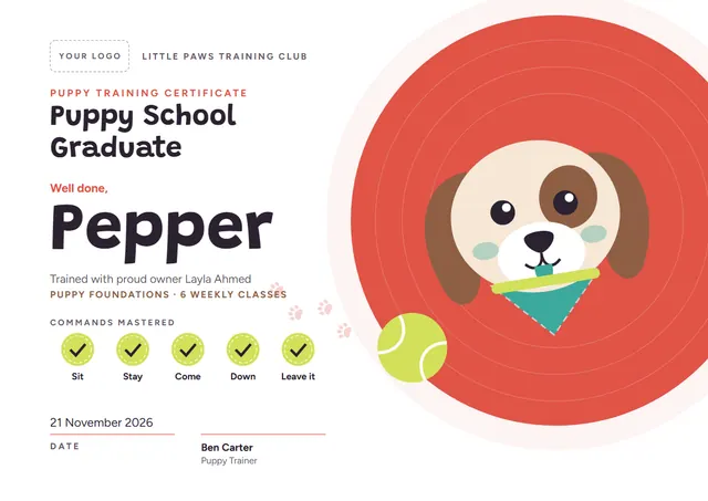 Coral Wave Puppy Training Certificate template, A4 landscape, in coral