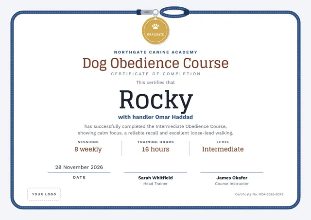 Ocean Blue Banded Dog Obedience Course Certificate template, A4 landscape, in ocean blue