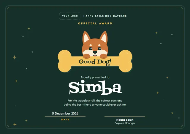 Forest Green Starry Good Dog Award template, A4 landscape, in forest green