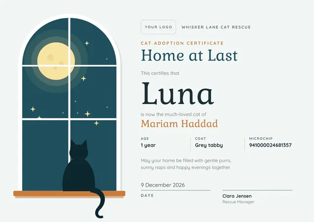 Charcoal Moonlit Cat Adoption Certificate template, A4 landscape, in charcoal grey