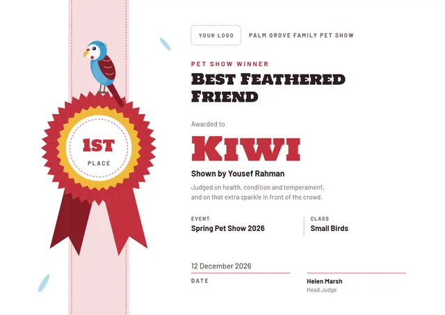 Red Rosette Pet Show Winner Certificate template, A4 landscape, in red