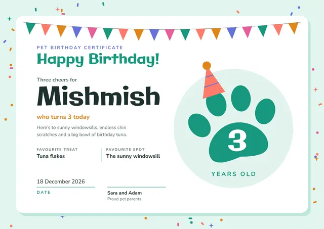 Jade Starry Pet Birthday Certificate template, A4 landscape, in jade