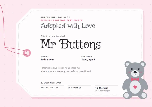 Pink Ribbon Stuffed Animal Adoption Certificate template, A4 landscape, in pink