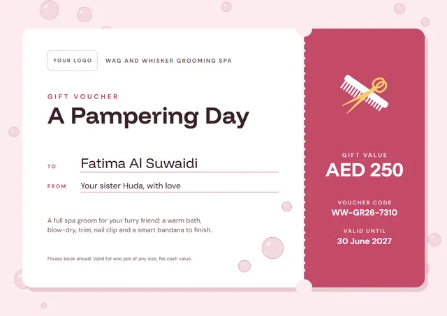 Raspberry Confetti Pet Grooming Gift Voucher template, A4 landscape, in raspberry