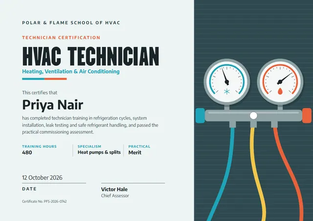 Charcoal Flame HVAC Technician Certificate template, A4 landscape, in charcoal grey