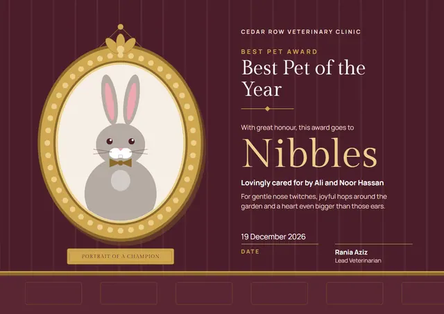 Burgundy Ribbon Best Pet Award template, A4 landscape, in burgundy