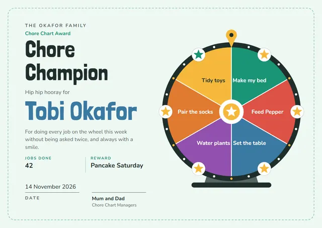 Forest Green Starry Chore Champion Award template, A4 landscape, in forest green