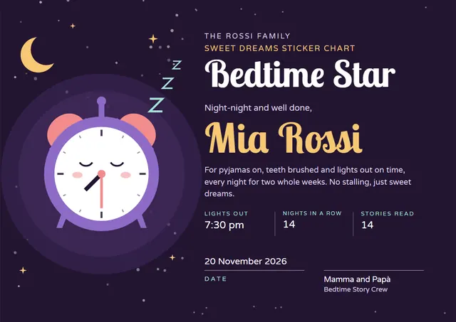 Playful Midnight Moonlit Bedtime Star Award template, A4 landscape, in midnight blue