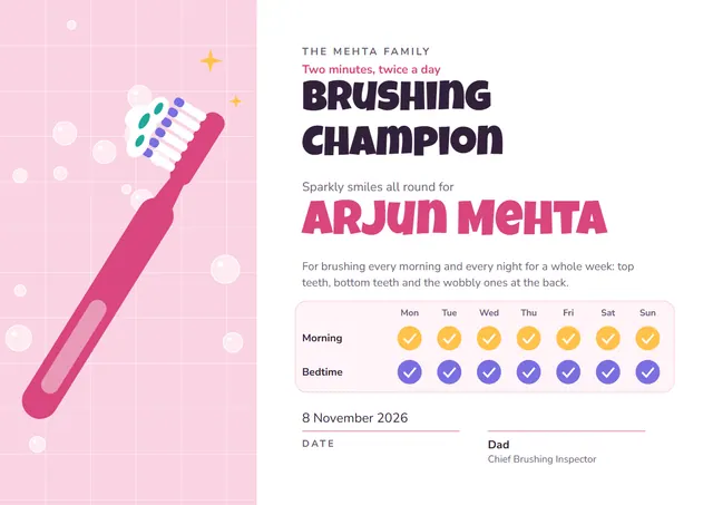 Rose Starry Brushing Teeth Champion Award template, A4 landscape, in rose