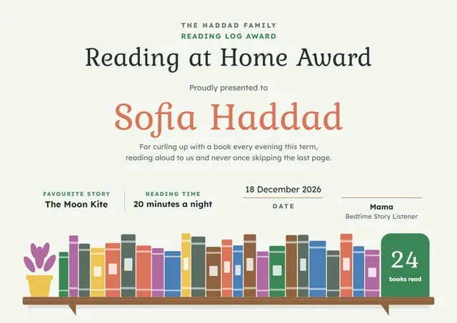 Coral Leafy Reading at Home Award template, A4 landscape, in coral