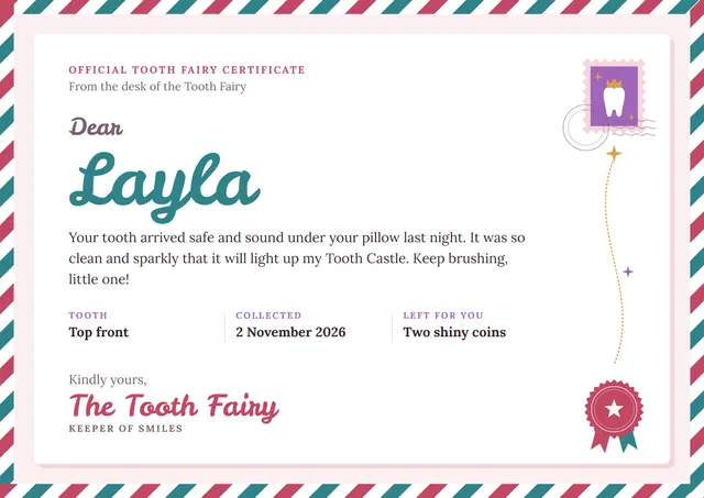 Jade Crown Tooth Fairy Certificate template, A4 landscape, in jade