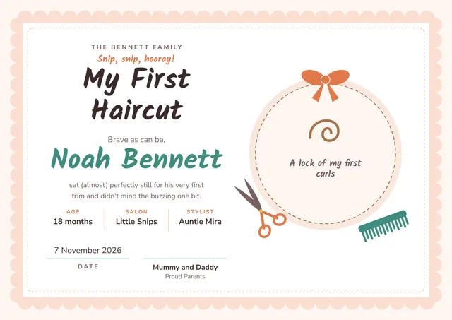 Jade Ribbon First Haircut Certificate template, A4 landscape, in jade