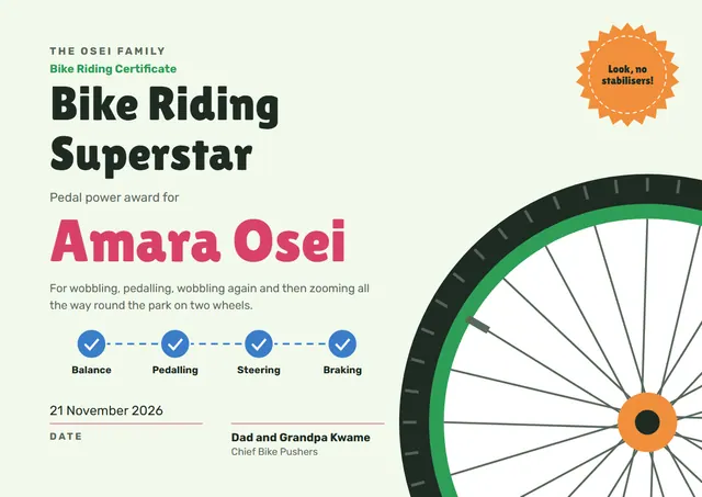 Forest Green Badge Bike Riding Certificate template, A4 landscape, in forest green