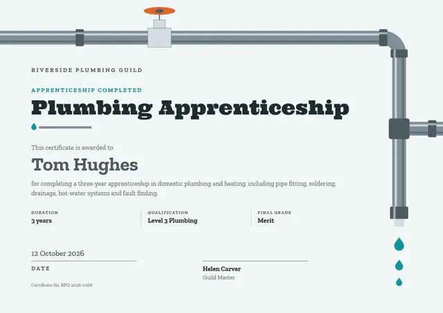 Silver Wave Plumbing Apprenticeship Certificate template, A4 landscape, in silver