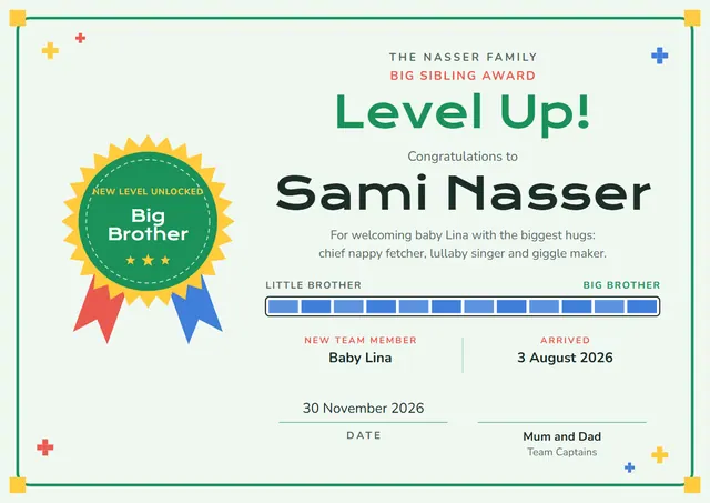Emerald Rosette Big Sibling Award template, A4 landscape, in emerald