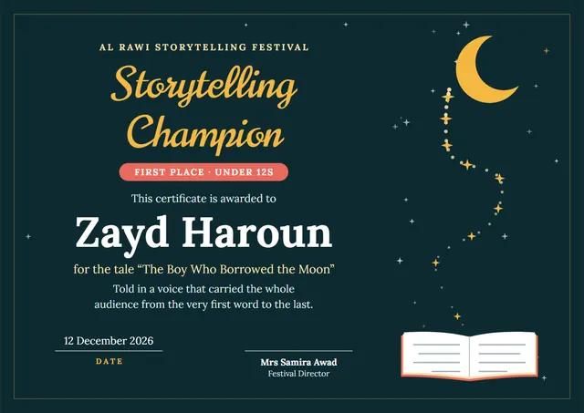 Modern Midnight Moonlit Storytelling Competition Winner Certificate template, A4 landscape, in midnight blue