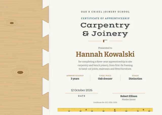 Gold Woodgrain Carpentry & Joinery Certificate template, A4 landscape, in gold
