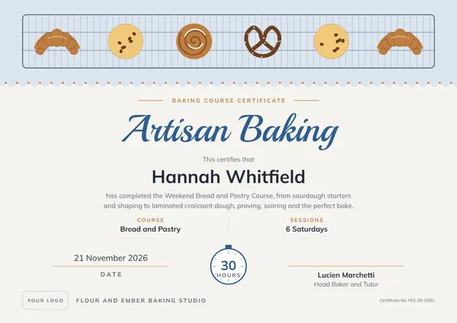 Ocean Blue Bordered Baking Course Certificate template, A4 landscape, in ocean blue