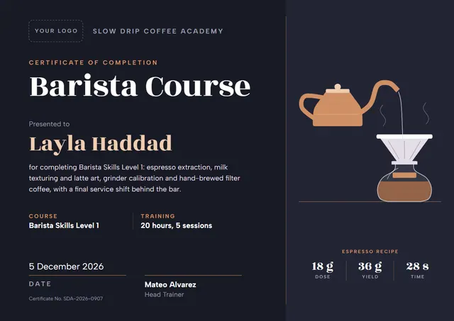 Black Wave Barista Course Certificate template, A4 landscape, in black