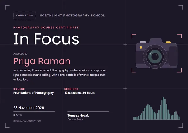Black Banded Photography Course Certificate template, A4 landscape, in black