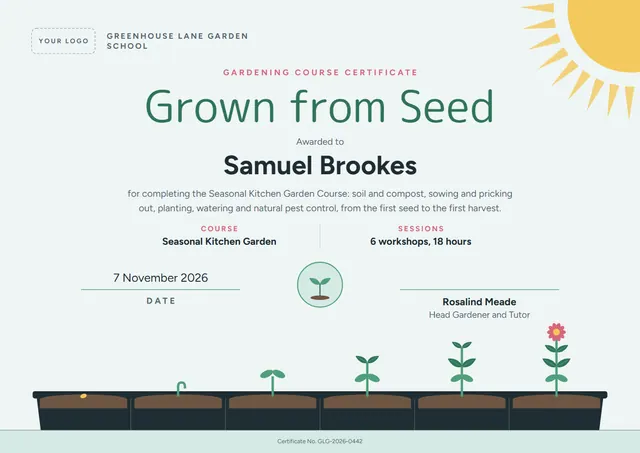 Jade Sunburst Gardening Course Certificate template, A4 landscape, in jade