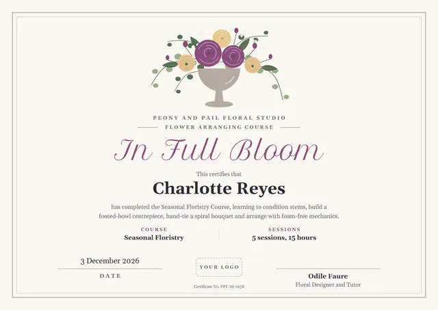 Mauve Floral Flower Arranging Course Certificate template, A4 landscape, in mauve