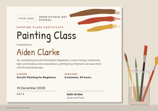 Bronze Starry Painting Class Certificate template, A4 landscape, in bronze