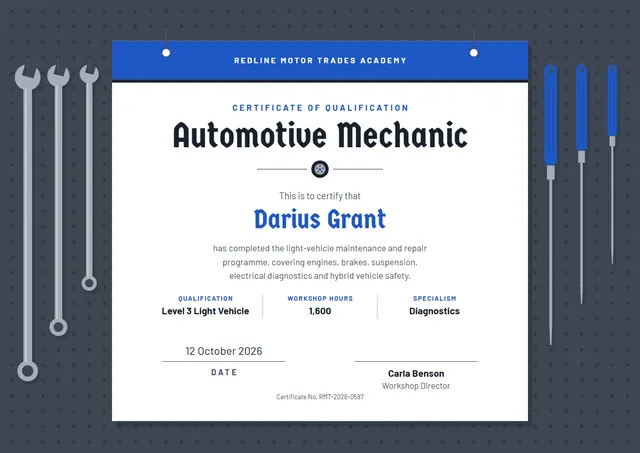 Midnight Gear Automotive Mechanic Certificate template, A4 landscape, in midnight blue