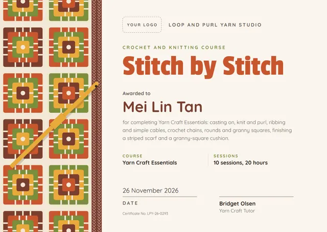 Terracotta Playful Crochet and Knitting Course Certificate template, A4 landscape, in terracotta
