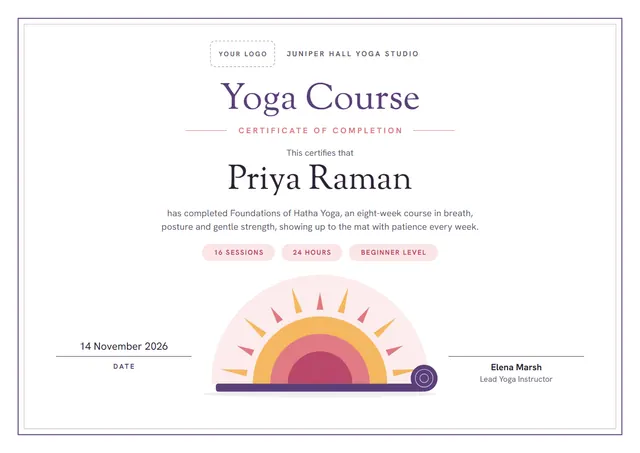 Slate Sunburst Yoga Course Certificate template, A4 landscape, in slate grey