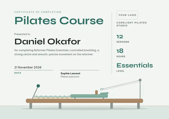 Jade Wave Pilates Course Certificate template, A4 landscape, in jade
