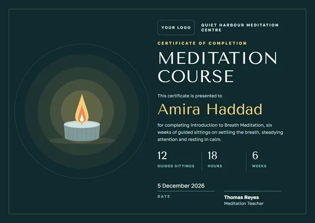 Modern Midnight Heart Meditation Course Certificate template, A4 landscape, in midnight blue