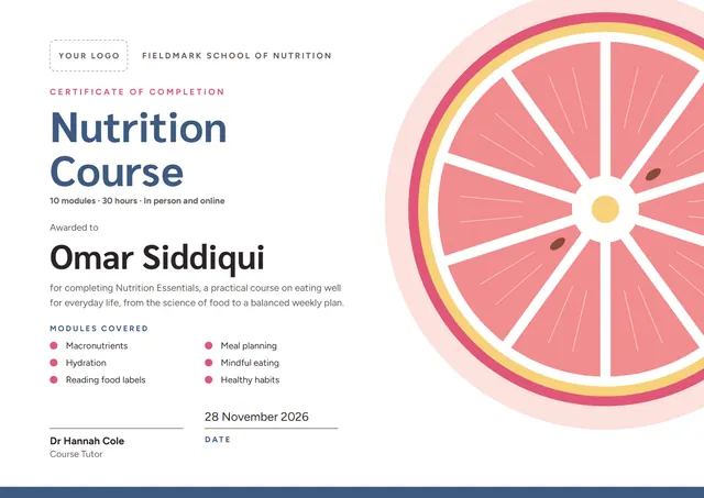 Rose Banded Nutrition Course Certificate template, A4 landscape, in rose