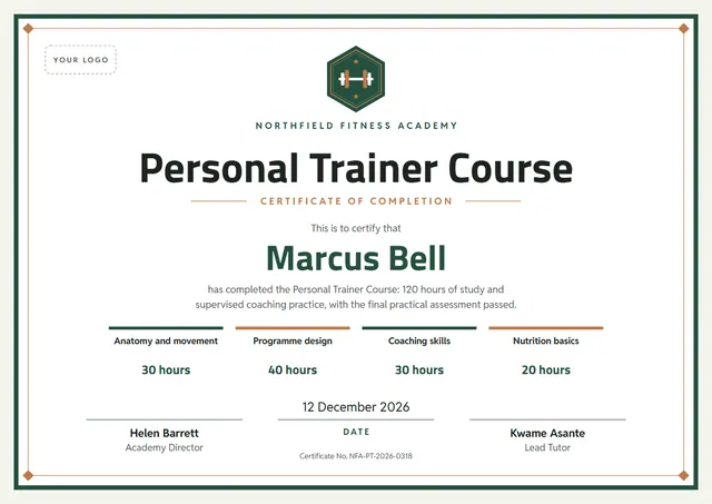 Forest Green Seal Personal Trainer Course Certificate template, A4 landscape, in forest green