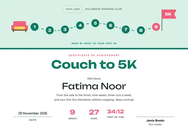 Teal Pennant Couch to 5K Certificate template, A4 landscape, in teal