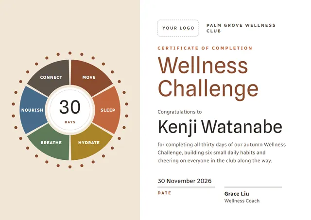 Brick Red Gear Wellness Challenge Certificate template, A4 landscape, in brick red