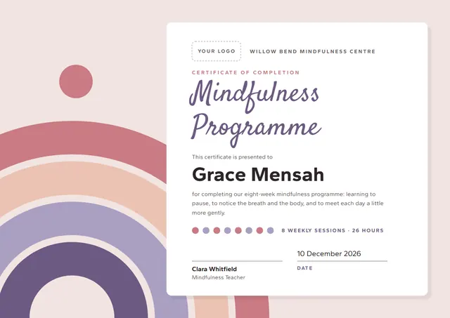 Rose Sunburst Mindfulness Programme Certificate template, A4 landscape, in rose