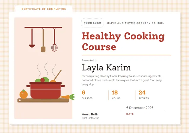 Orange Leafy Healthy Cooking Course Certificate template, A4 landscape, in orange
