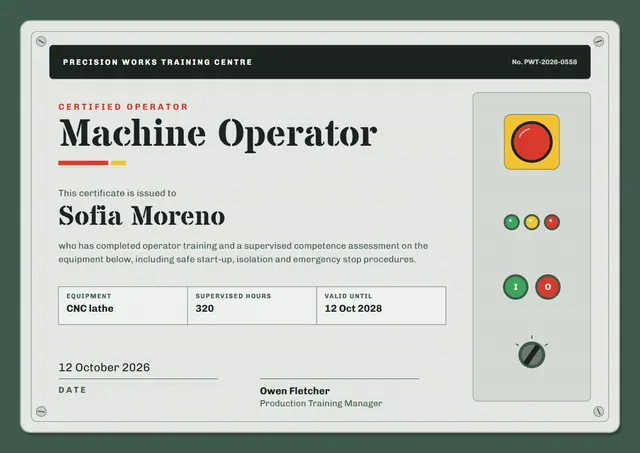 Emerald Chart Machine Operator Certificate template, A4 landscape, in emerald