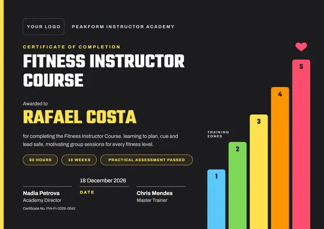 Sunshine Yellow Heart Fitness Instructor Course Certificate template, A4 landscape, in sunshine yellow
