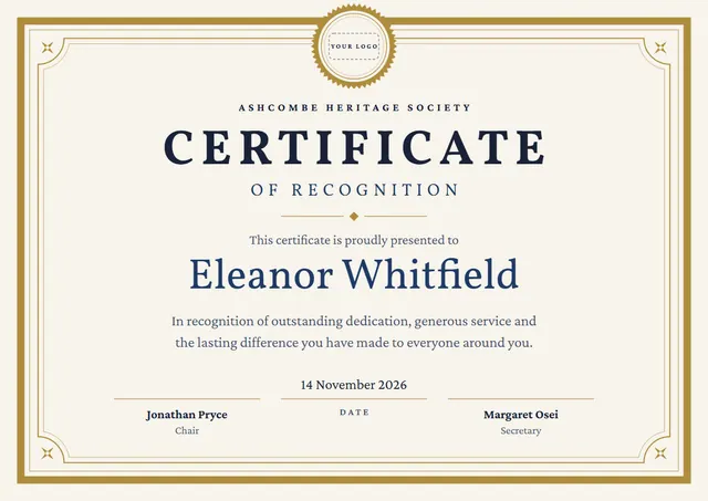 Copper Medal Blank Certificate template, A4 landscape, in copper