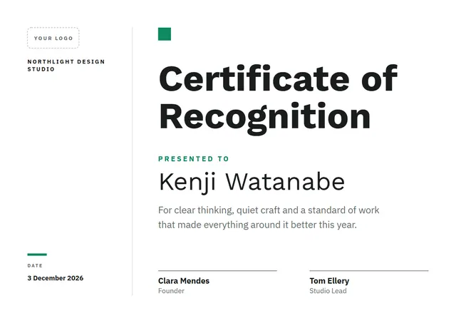 Emerald Banded Blank Certificate template, A4 landscape, in emerald