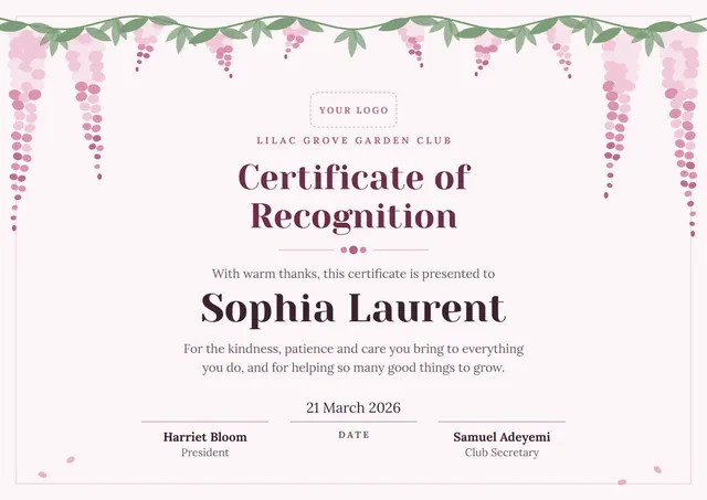 Plum Floral Blank Certificate template, A4 landscape, in plum