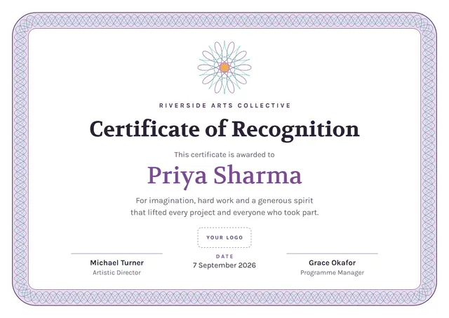Mauve Rosette Blank Certificate template, A4 landscape, in mauve