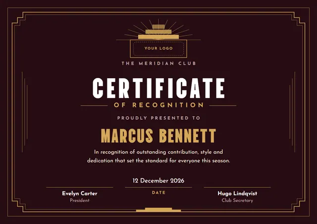 Burgundy Sunburst Blank Certificate template, A4 landscape, in burgundy